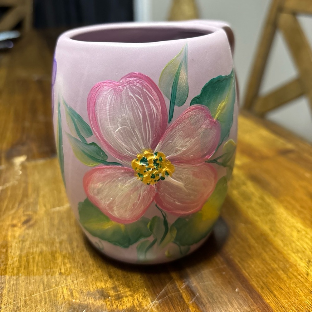 Hand-Painted Cherry Blossom & Purple Iris Floral Pottery Mug